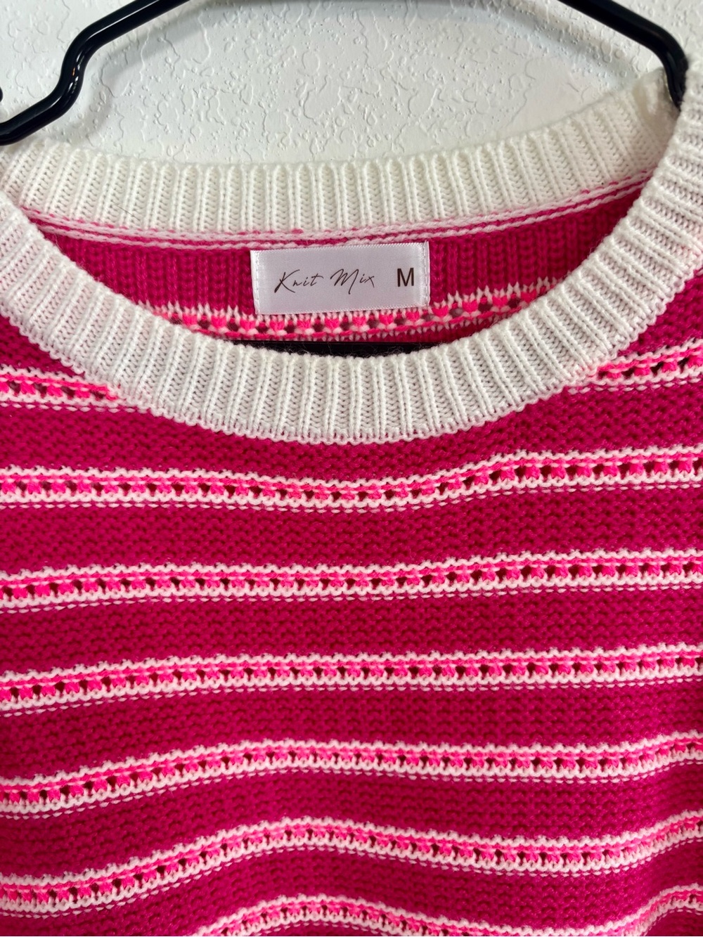 Women's Striped Crewneck Sweater in Pink with Cream Trim - Picture 2 of 3
